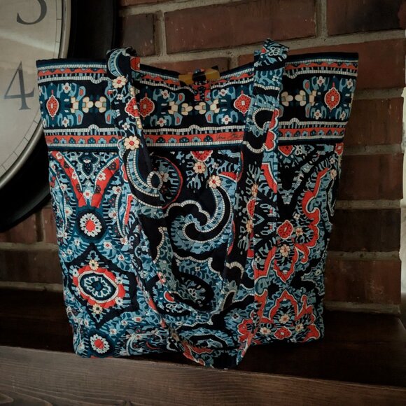 Vera Bradley Marrakesh Print toggle tote shoulder bag in navy/orange - Picture 1 of 8